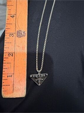Prada Triangular Logo Pendant Necklace in black enamel with Silver chain